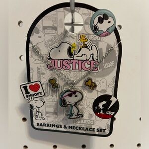 Justice Snoopy Earrings & Necklace Set - Black, White, Pink